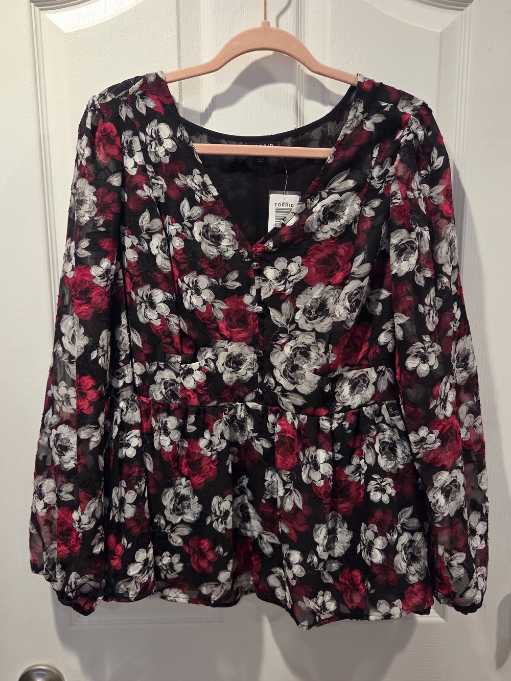 torrid Black Floral Peplum Blouse with Red & White Roses